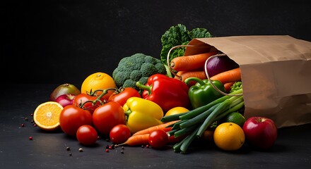 Fresh Produce Assortment Spill from Brown Paper Bag on Dark Surface