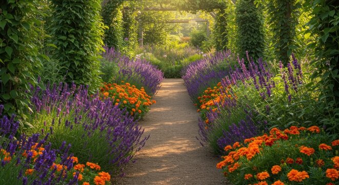 A stone path leads through a vibrant garden bordered by rows of purple lavender & orange marigolds under a sunlit pergola. Verdant vines climb - Powered by Adobe