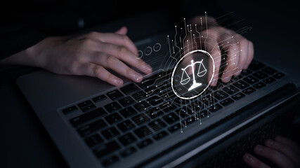 Futuristic digital law interface displaying justice scale, highlighting digital law, AI compliance,...