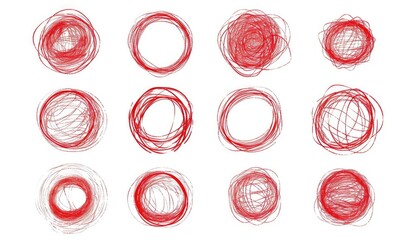 set of red hand drawn doodle circle on white background, vector illustration, flat design, simple line art, crisp lines, 2d drawing