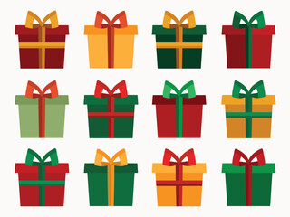 Vector Illustration set of gift boxes for birthday, Christmas and New Year. Collection of presents, flat style. gift box with ribbon bow, Isolated on white background.