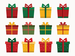 Colorful gift boxes set for Christmas and birthday party. Collection of presents with ribbon bow on white background. Holiday presents. Vector cartoon illustration