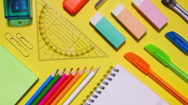 Stop motion of colorful stationery on yellow background, seamless loop of school supplies