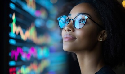 Happy African American businesswoman analyzing stock market data on a digital screen, reviewing trends and graphs. This image is ideal for business and finance content, with space, Generative AI