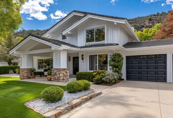 A large and spacious two-story house with three garage doors sits on an expansive lawn surrounded by lush green grass