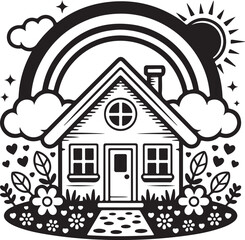 Obraz premium Cute House Vector Illustration Black and White Line Art on Clear Field