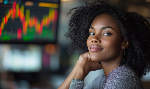 Happy African American businesswoman analyzing stock market data on a digital tech screen in the office. The image features a candid female investor reviewing trends and graphs, Generative AI