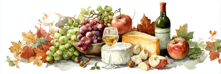 Vector illustration of wine and cheese. Autumn harvest watercolor clipart, on white background. Banner	