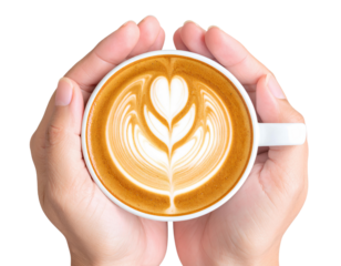 A single hand holding a white cup of latte with art isolated on transparent background.