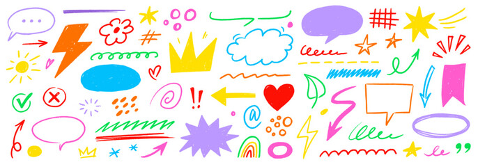 Hand drawn line chalk set. Crayon line arrow, speech bubble, pencil highlight and textured brush icon with cartoon heart, hand drawn marker element. Chalkboard frame sketch. Vector illustration