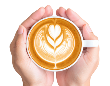 A single hand holding a white cup of latte with art isolated on transparent background.