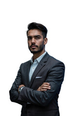 A Latinx male business innovator in a dark gray suit, standing confidently as digital graphs and market trends swirl around
