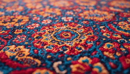 Detailed close up of the colorful Persian carpet pattern featuring intricate floral motifs within red, blue, and gold tones, captured in soft natural light with shallow focus