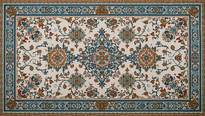 Detailed Persian carpet featuring an ornate floral medallion pattern featuring rich blue, red, and gold tones, captured within natural indoor lighting from the top-down view