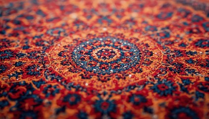 Detailed close up of the colorful Persian carpet pattern featuring intricate floral motifs within red, blue, and orange tones, captured indoors under soft natural light with shallow focus