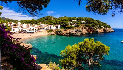 Naklejka premium Picturesque coastal town, turquoise waters, sandy beach