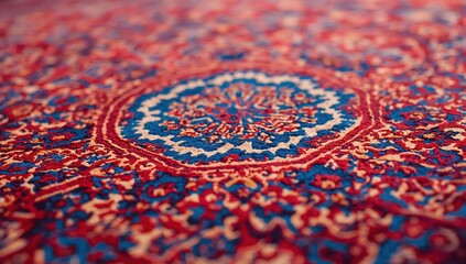 Detailed close up of an ornate Persian carpet design featuring vivid red, blue, and beige colors, captured within soft indoor lighting with shallow focus for texture emphasis