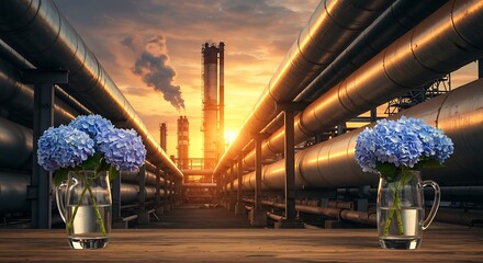 Industrial Plant with Blue Hydrangeas Against Sunset Sky