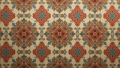 Detailed Persian carpet design featuring ornate floral motifs within red, blue, and gold tones upon the beige background, captured in natural indoor lighting featuring rich texture