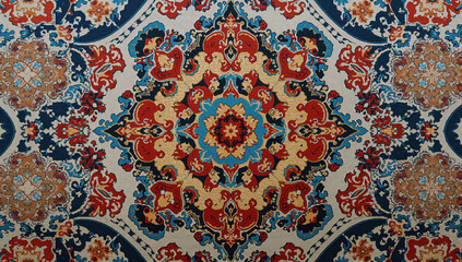 Detailed Persian carpet featuring an ornate floral medallion design within red, blue, beige, and gold tones, captured indoors under soft lighting featuring symmetrical perspective