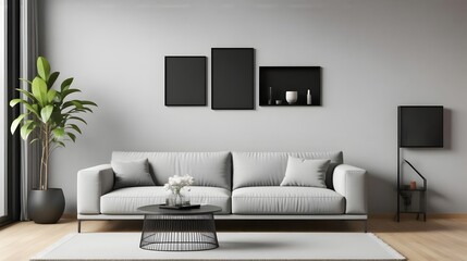 Modern minimalist living room design with blank wall art, sofa, and stylish decor for home interiors