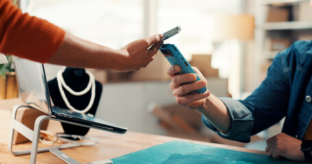 Business, hands and people with smartphone, payment and pos machine in jewellery store. Employee,...