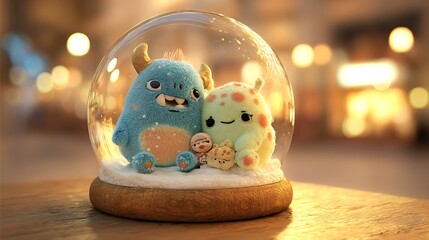 Cute little monster hanging out together 3D render chilling in a snow globe lounge
