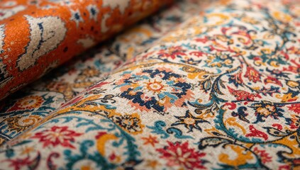 Detailed close up of the colorful woven Persian carpet showing intricate floral motifs and geometric patterns within warm tones, captured indoors featuring soft natural lighting