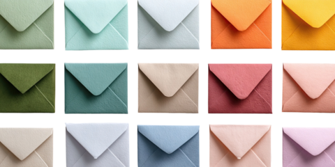 Colorful envelopes arranged in a grid pattern.  Various pastel and muted shades