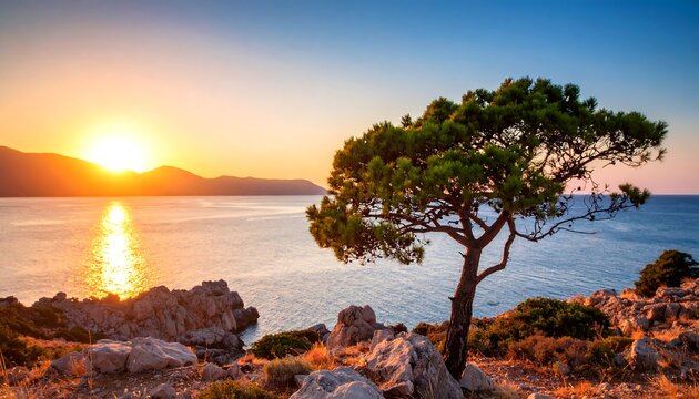 Sunrise over a rocky coastline with a lone pine tree