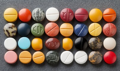 Obraz premium Top-down view of pharmaceutical pills in various colors and shapes, laid out on a plain background. The image offers ample copy space for a healthcare marketing banner, Generative AI