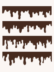 Vector set illustration of melted liquid chocolate, decorative shapes liquids. Stain shape collection, splashes drops, cartoon flat spatters. brown liquid graphic