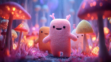 Cute little monster hanging out together 3D render walking in a glowing mushroom field