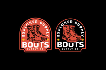 Boots hunting footwear retro badge logo vector design set for adventure, outdoor. Men boots shoe vintage emblem logo graphic pack. Hiking boots gear illustration label element design