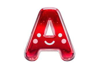 Bright Red Neon Letter A with Smiling Face on Transparent Background
