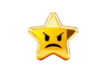 Angry Gold Star Emoticon with Frowning Face on Transparent Background