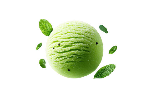 Fresh Green Ice Cream Scoop with Mint Leaves on Transparent Background