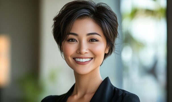 Portrait of a beautiful, smiling Asian woman with cropped pixie cut hair, captured in front of a bold yellow background. This vibrant headshot conveys energy and professionalism, Generative AI