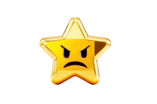 Angry Gold Star Emoticon with Frowning Face on Transparent Background