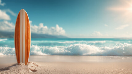 Surf Shop, surfboard on sandy beach, bright sunlight