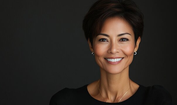 Portrait of a smiling Asian woman with cropped pixie cut hair, exuding confidence in a candid business setting. This image features a vibrant headshot with space for text, highlighting, Generative AI