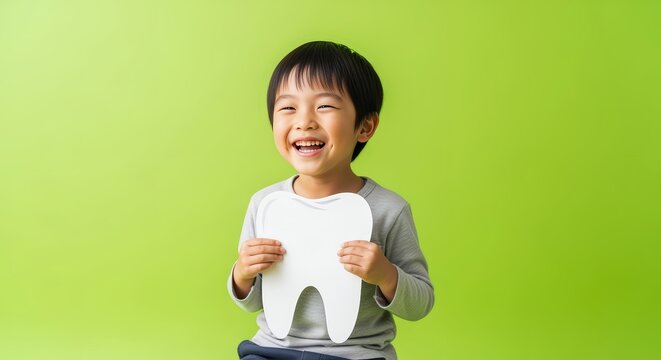 歯の模型を手に持ち大笑いする男の子