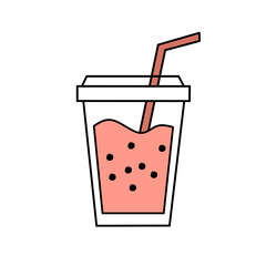 Bubble tea or fruit smoothie icon. Simple vector graphic of a pink drink in a disposable cup with a lid and straw.