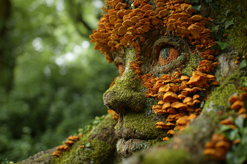 A captivating tree face sculpture covered in moss and fungus in a lush forest, showcasing natures artistry and intricate details