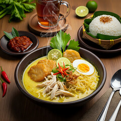 Indonesian Chicken Soto with Rice and Egg Served Hot
