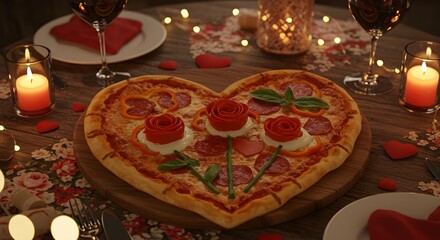 Heart shaped pizza romantic dinner