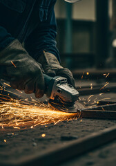 Worker Cutting Steel Bar with Angle Grinder and Sparks