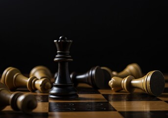 Black Queen victorious on chessboard, surrounded by fallen white pieces