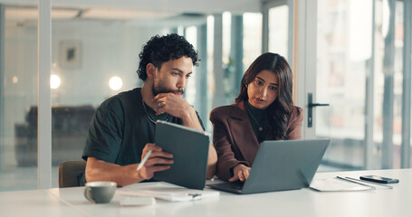 Business, problem solving or tech support with man and woman in office together for troubleshooting. Help, meeting or tablet with employee and IT professional in workplace for network maintenance