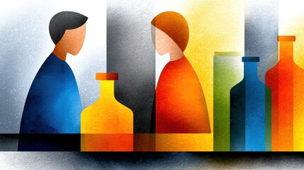 A painting of nostalgic bar scene with man and woman, capturing the essence of bygone era